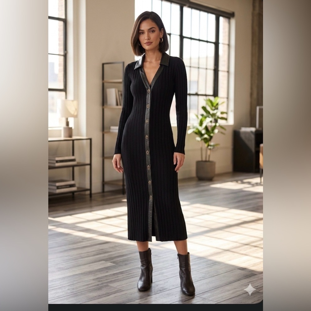 ECRU Long Black Ribbed Button-Front Dress with Leather Trim